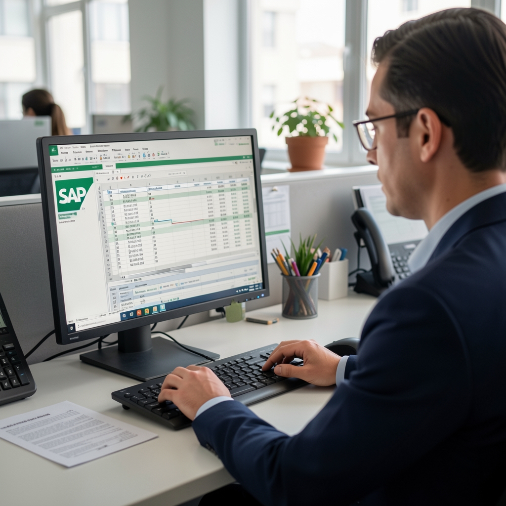 Bir muhasebecinin bilgisayar ekranında SAP ve Excel açık, finansal raporlar üzerinde çalışıyor, İzmir ofis ortamı
